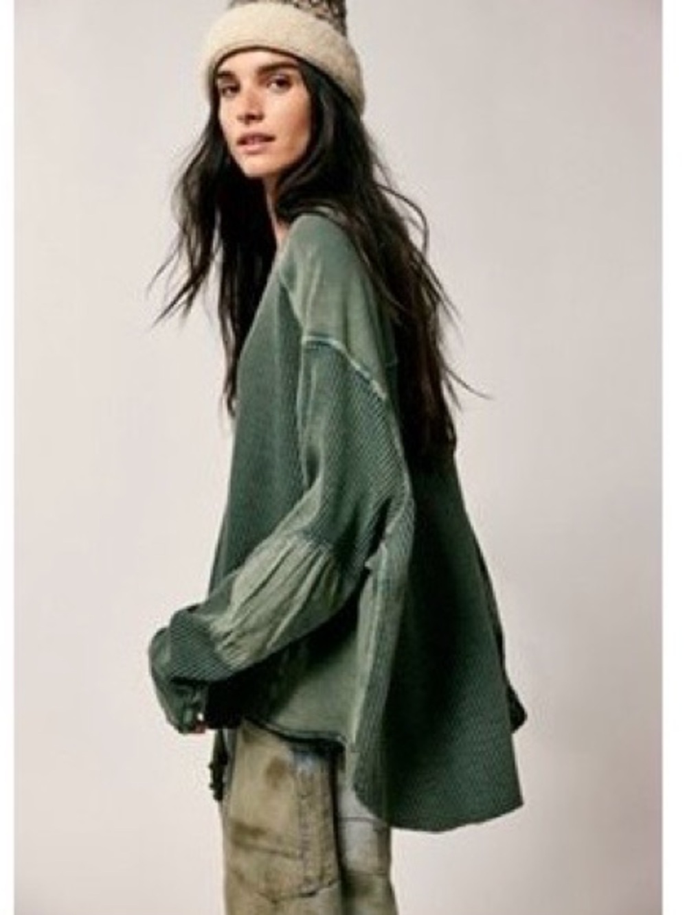 Free People Olive Green Textured Oversized Long-Sleeve Top